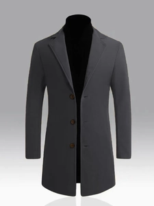 Men's stylish mid-length grey wool blend trench coat with business lapel design