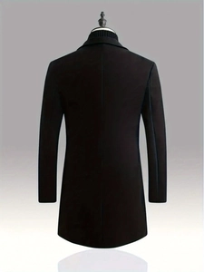 Rear view of men's slim fit black wool coat with stylish stand collar for winter
