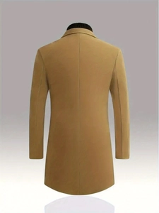 Rear view of long khaki wool coat featuring a slim fit cut and professional finish