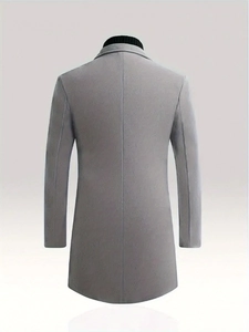 Rear view of a slim-fit grey wool blend overcoat with precise back seam tailoring