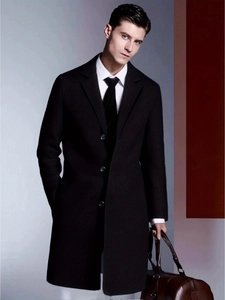 Classic black single-breasted wool trench coat for men with a slim fit and elegant design