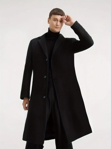 Elegant men's long wool blend overcoat in slim fit black with single-breasted three-button design