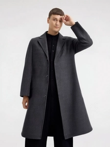Elegant men's charcoal grey slim fit wool blend overcoat with classic notched lapels