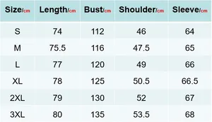 Detailed size chart for men's striped long sleeve business shirt from S to 3XL