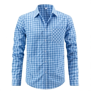 Men's blue and white checkered long sleeve shirt with chest pocket and white buttons