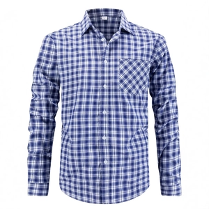 Men's blue and white checkered long sleeve shirt with front pocket and regular fit