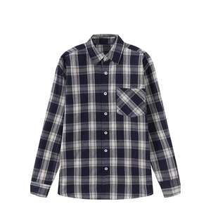 Classic navy and beige plaid long-sleeved shirt with collar and single chest pocket