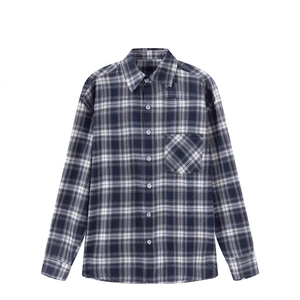 Classic men's long sleeve plaid shirt with button collar and chest pocket on white background