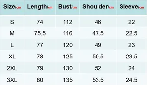 Detailed size chart for short sleeve shirt including length, bust, and shoulder measurements