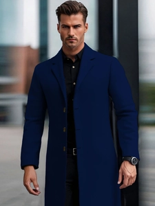 Classic dark blue men's long wool coat with notched lapels and single-breasted buttons