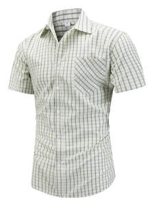 Men's plaid short sleeve shirt with button-down collar and chest pocket in beige check