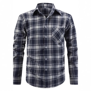 Classic men's long sleeve plaid shirt in black, white, and grey with a chest pocket