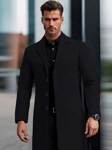 Elegant black mid-length wool coat with a stand collar and classic single-breasted buttons