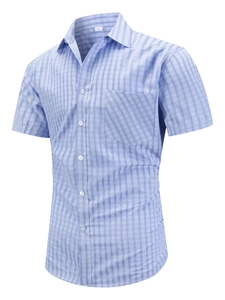 Men's business casual short sleeve plaid shirt with single breasted front and pocket