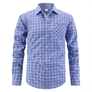 Men's blue plaid button-down long sleeve dress shirt with a front chest pocket