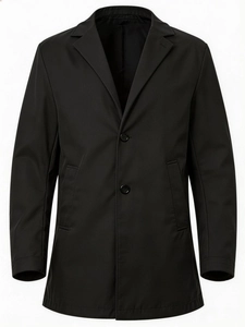 Classic black single-breasted business trench coat for men with a minimalist lapel design