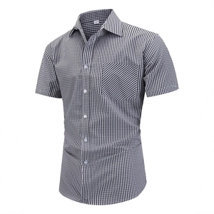 Classic men's short sleeve business casual shirt with black and white gingham pattern
