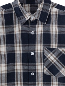 Classic men's plaid long sleeve shirt with navy blue and beige checkered pattern and front pocket