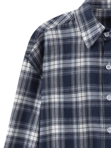 Classic navy blue and white plaid long sleeve shirt with a formal button-down collar
