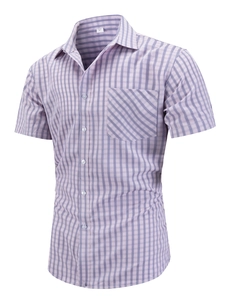 Men's light purple striped short sleeve shirt with chest pocket and button-down collar