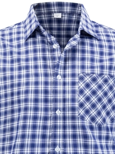 Classic blue and white plaid shirt for men with pointed collar and chest pocket details