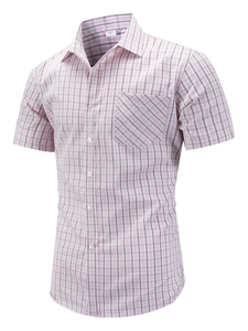 Classic men's short sleeve plaid business shirt with collar and chest pocket in US size M