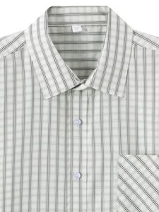 Men's US size M cream and grey plaid short sleeve button down shirt with chest pocket