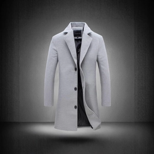 Men's light grey mid-length single-breasted wool blend coat with notch lapel design
