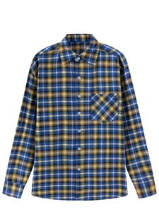 Men's blue and yellow plaid long sleeve shirt with classic lapel and front chest pocket