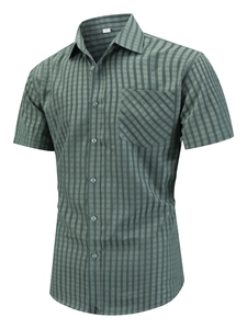 Men's business casual short sleeve plaid shirt with lapel collar and chest pocket