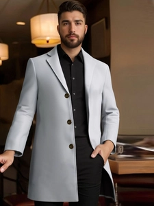 Classic light grey mid-length wool trench coat for men with a refined lapel and slim-fit cut