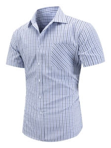 Men's business casual short sleeve shirt with blue white grid and chest pocket