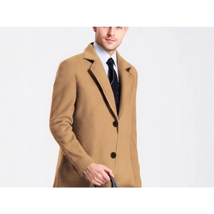 Classic camel wool blend overcoat with notched lapels and two-button closure for men