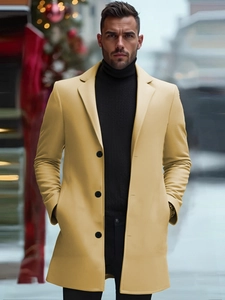 Elegant men khaki mid-length wool coat with a classic lapel and single-breasted design