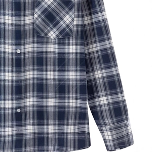 Classic men's long-sleeve plaid shirt in navy and white with chest pocket detail