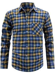 Men's outdoor plaid flannel shirt with long sleeves and classic button-up chest pocket