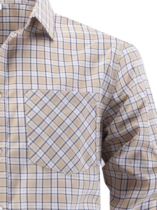 Detail of men's beige plaid shirt showing the chest pocket with diagonal pattern design