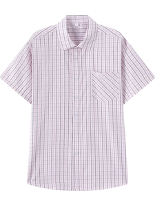 Men's summer short sleeve business casual shirt with pink and grey plaid pattern