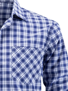 Detail of men's blue and white checkered shirt showing chest pocket with diagonal pattern