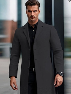 Elegant men's dark gray mid-length wool coat with stand collar for business and casual wear