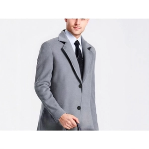 Elegant grey wool blend mid-length trench coat with classic lapels and two-button closure