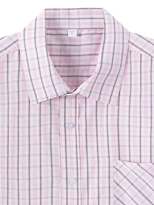 Detail of pink and black plaid short sleeve shirt with chest pocket and white buttons