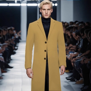 Men's mustard yellow wool overcoat in a slim fit longline design on the fashion runway