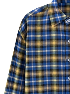 Mens long sleeve casual shirt with classic blue and yellow plaid pattern and lapel collar