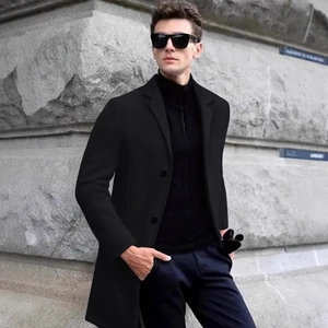 Manteau long en laine noir pour homme avec revers classique et coupe ajustée hivernale