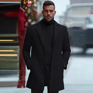 Men's classic black mid-length wool coat with a notched lapel and single-breasted design