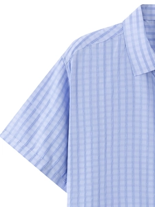 Detail of light blue plaid shirt showing fabric texture, classic collar and shoulder seams