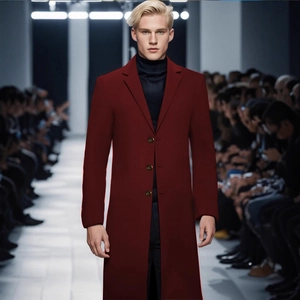 Men Slim Fit Extra Long Woolen Coat Business Casual Notched Lapel Single Breasted Warm Overcoat Solid Color Winter Jacket