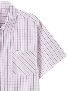 Men's white short-sleeve shirt with black stripes and unique diagonal pocket detail