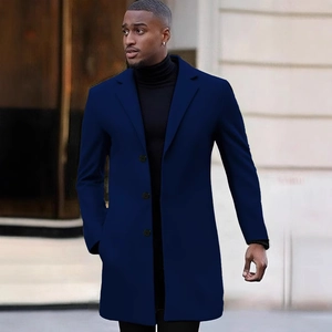 Men's elegant dark blue mid-length trench coat with classic lapels and three-button closure